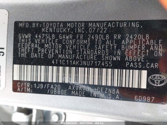 Toyota CAMRY LE 2022 4T1C11AK3NU717455 Image 9