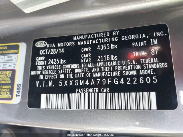 KIA Optima Lx 2015 5XXGM4A79FG422605 Image 9