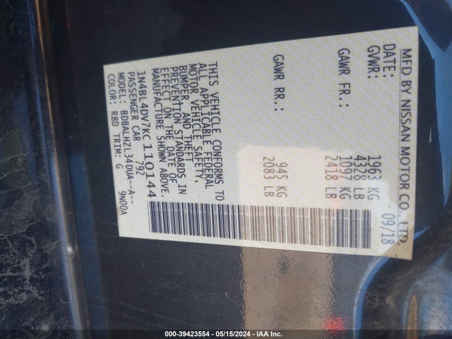 Nissan Altima 2.5 Sv 2019 1N4BL4DV7KC110144 Image 9
