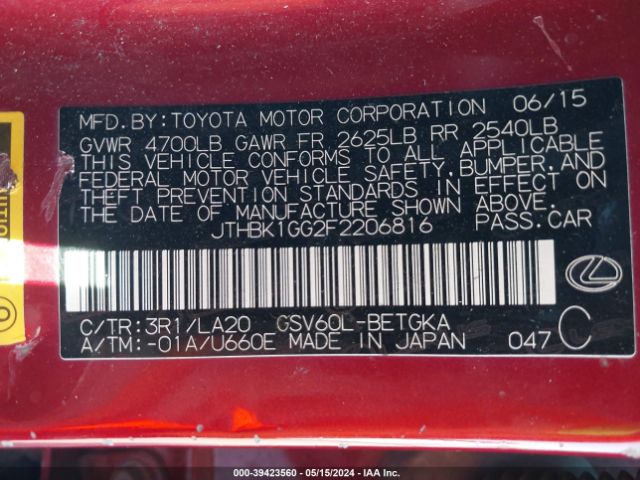 JTHBK1GG2F2206816 Lexus ES 350