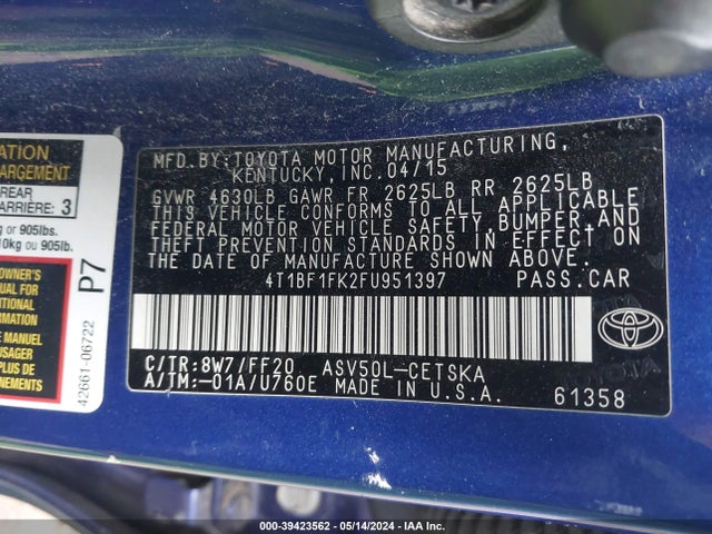 Toyota CAMRY SE 2015 4T1BF1FK2FU951397 Image 9