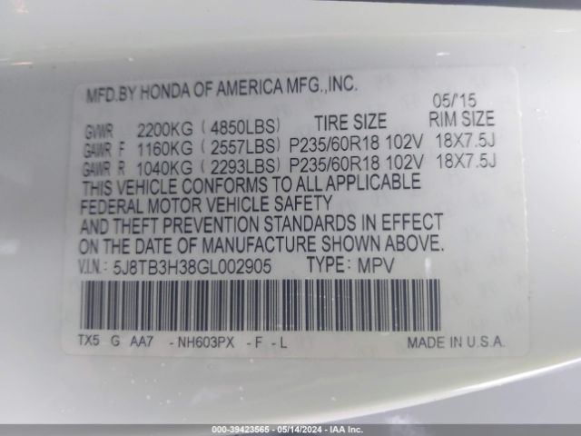 5J8TB3H38GL002905 Acura Rdx Acurawatch Plus Pkg