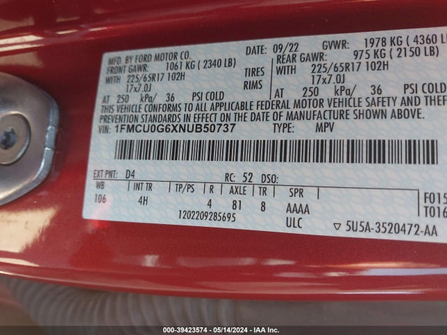 Ford ESCAPE SE 2022 1FMCU0G6XNUB50737 Image 9
