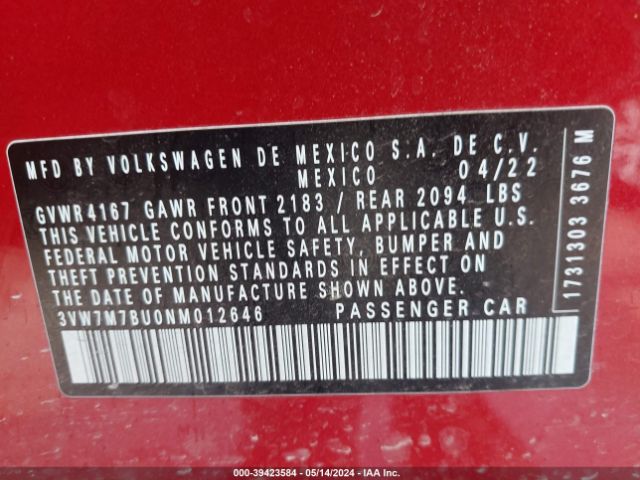 3VW7M7BU0NM012646 Volkswagen Jetta 1.5t Se