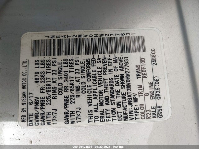 Nissan ROGUE SV 2017 JN8AT2MV0HW277631 Image 9