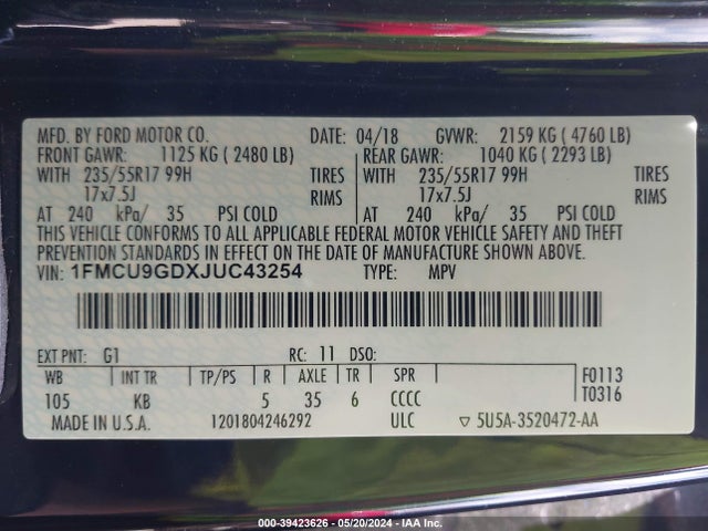Ford ESCAPE SE 2018 1FMCU9GDXJUC43254 Image 9