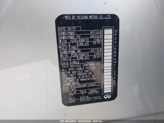 3PCAJ5BA6MF123863 Infiniti Qx50 Luxe