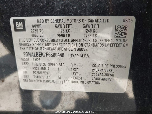 Chevrolet EQUINOX 1LT 2015 2GNALBEK7F6300448 Image 9