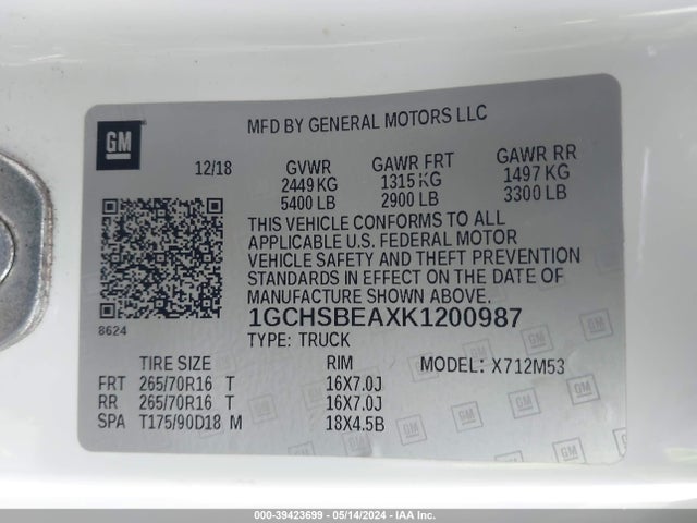 Chevrolet Colorado Wt 2019 1GCHSBEAXK1200987 Image 9