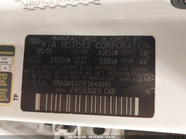 KIA Optima Lx 2015 KNAGM4A73F5648995 Image 9