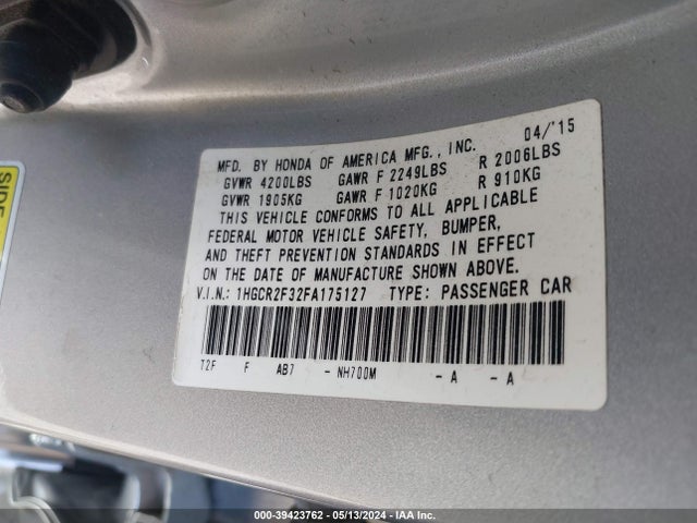 Honda ACCORD LX 2015 1HGCR2F32FA175127 Image 9