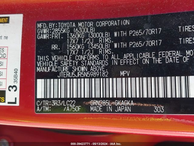 JTERU5JR5N5989182 Toyota 4runner Trd Off Road Premium