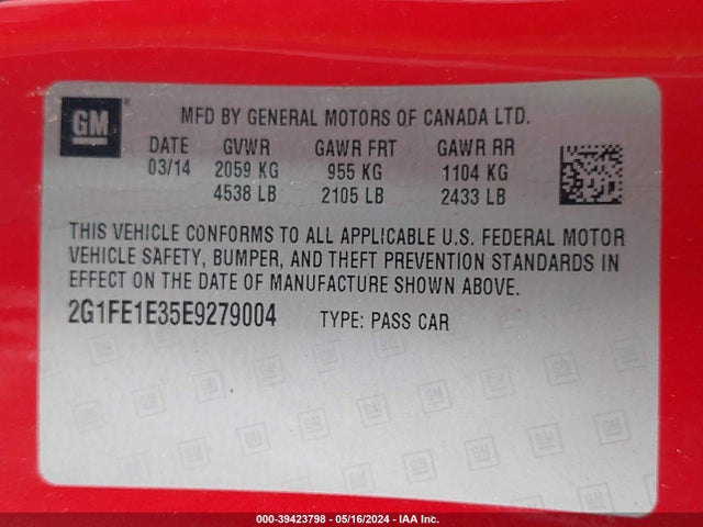 Chevrolet Camaro 1ls 2014 2G1FE1E35E9279004 Image 9
