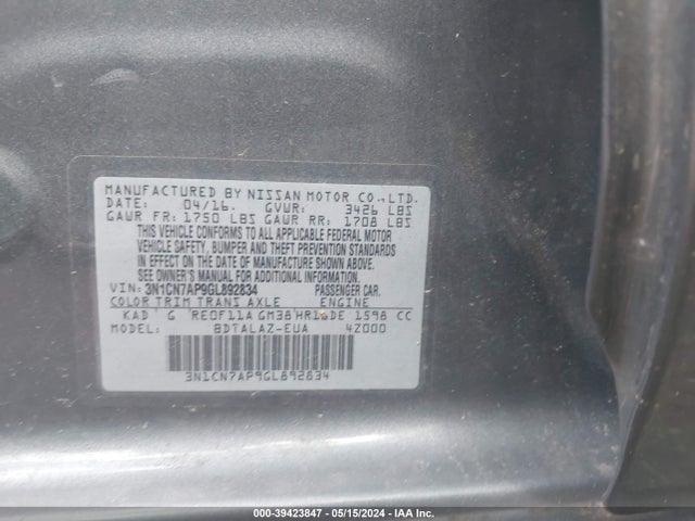 Nissan Versa 1.6 S+ 2016 3N1CN7AP9GL892834 Image 9