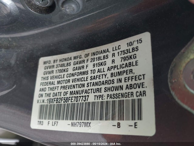 Honda Civic Lx 2015 19XFB2F58FE707737 Image 9