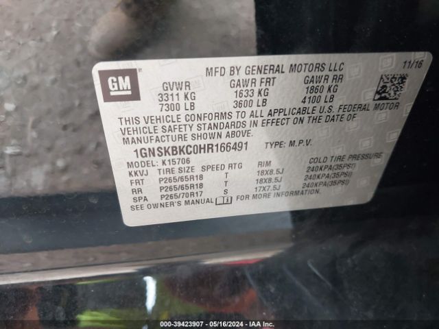 1GNSKBKC0HR166491 Chevrolet Tahoe Lt