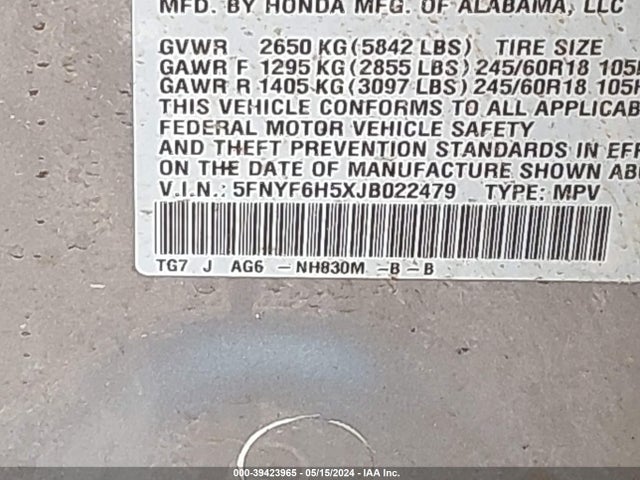 Honda Pilot Ex-l 2018 5FNYF6H5XJB022479 Image 9