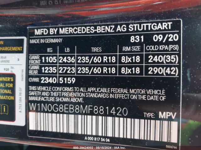 W1N0G8EB8MF881420 Mercedes-Benz Glc 300 4matic Suv