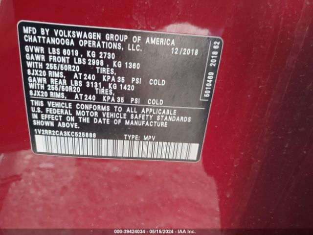 1V2RR2CA3KC525888 Volkswagen Atlas 3.6l V6 Sel R-line