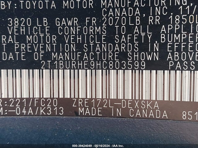 Toyota COROLLA SE 2017 2T1BURHE9HC803599 Image 9