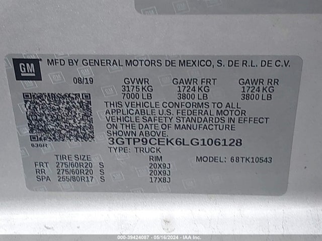 GMC Sierra 1500 4wd  Short Box Elevation 2020 3GTP9CEK6LG106128 Image 9