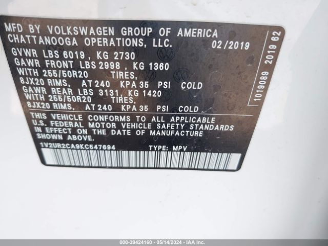 1V2UR2CA9KC547694 Volkswagen Atlas 3.6l V6 Se W/technology