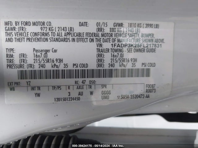 Ford FOCUS SE 2015 1FADP3K25FL217831 Image 9