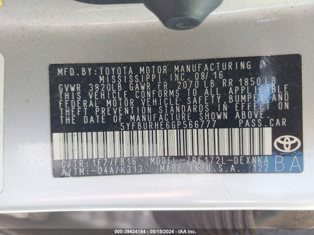 Toyota COROLLA LE 2016 5YFBURHE6GP566777 Image 9