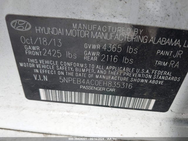 Hyundai SONATA GLS 2014 5NPEB4AC0EH835316 Image 9