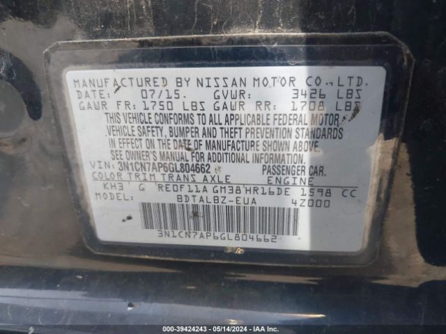 3N1CN7AP6GL804662 Nissan Versa 1.6 S/1.6 S+/1.6 Sl/1.6 Sv