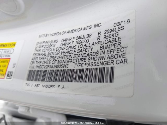 1HGCV2F95JA035243 Honda Accord Touring 2.0t