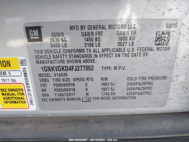Chevrolet Traverse 1lt 2015 1GNKVGKD4FJ277862 Image 9