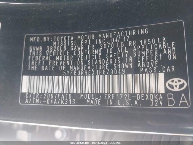 Toyota COROLLA L 2017 5YFBURHEXHP679049 Image 9