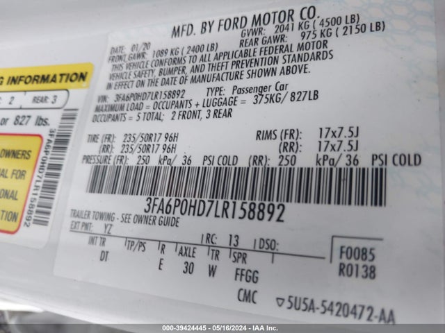 Ford FUSION SE 2020 3FA6P0HD7LR158892 Image 9