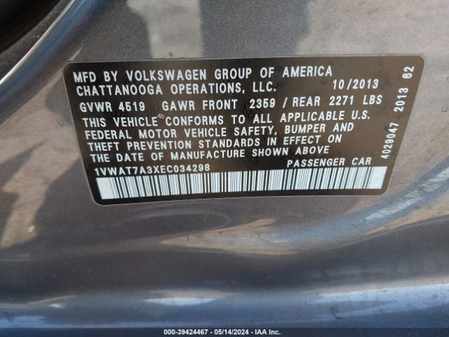 1VWAT7A3XEC034298 Volkswagen Passat 1.8t Wolfsburg Edition