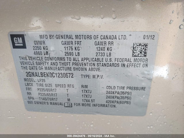2012 Chevrolet Equinox Ls მანქანა იყიდება აუქციონზე, vin: 2GNALBEK0C1230672, აუქციონის ნომერი: 39424476