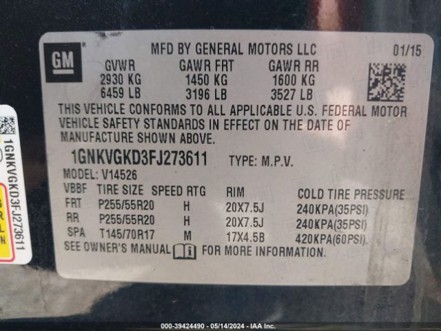 1GNKVGKD3FJ273611 Chevrolet Traverse 1lt