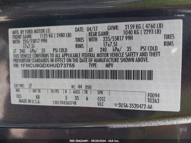 Ford ESCAPE SE 2017 1FMCU9GDXHUD73755 Image 9