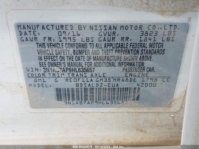 Nissan Sentra S/sl/sr/sv 2017 3N1AB7AP9HL635657 Image 9