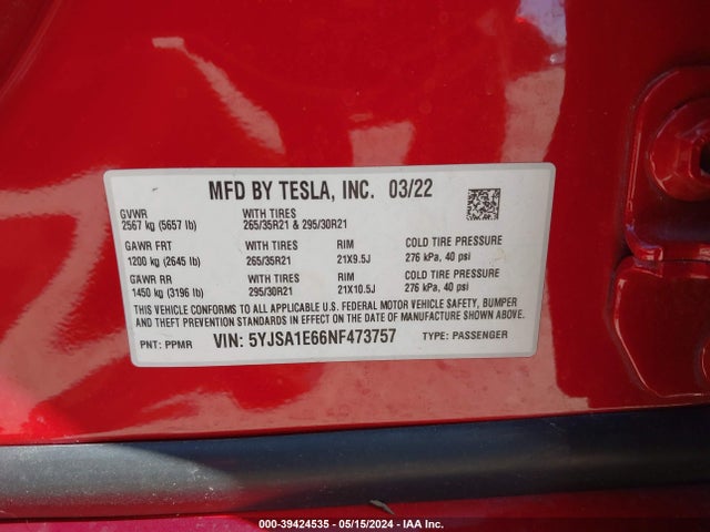 Tesla Model S Plaid 2022 5YJSA1E66NF473757 Image 9