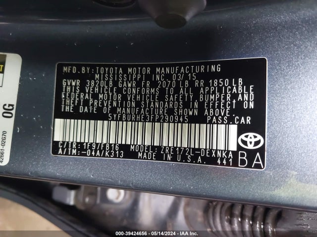 Toyota COROLLA LE 2015 5YFBURHE3FP290945 Image 9