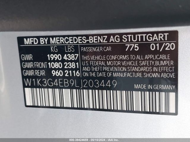 W1K3G4EB9LJ203449 Mercedes-Benz A 220