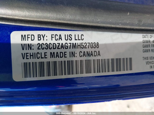 2C3CDZAG7MH527038 Dodge Challenger Sxt