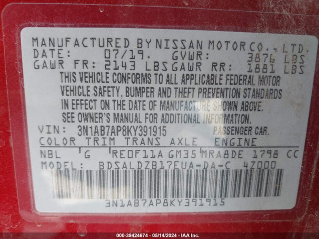 Nissan SENTRA SV 2019 3N1AB7AP8KY391915 Image 9