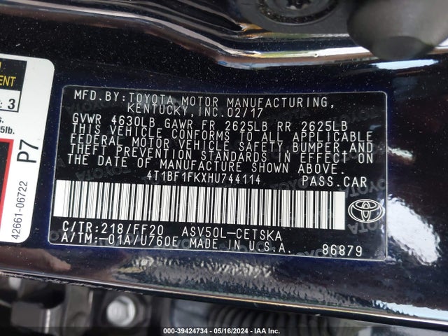 Toyota CAMRY SE 2017 4T1BF1FKXHU744114 Image 9