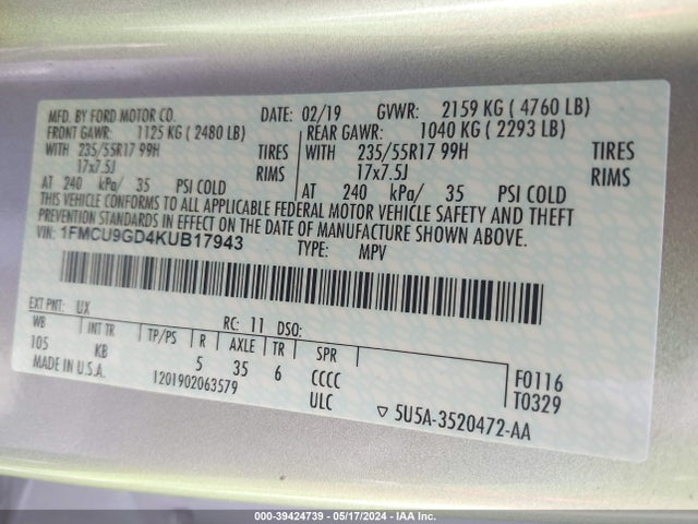 Ford ESCAPE SE 2019 1FMCU9GD4KUB17943 Image 9