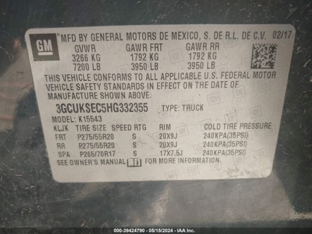 3GCUKSEC5HG332355 Chevrolet Silverado 1500 1lz