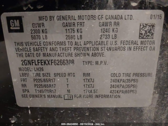 Chevrolet EQUINOX 1LT 2015 2GNFLFEKXF6266308 Image 9