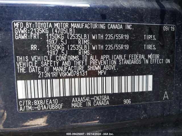 Toyota Rav4 Limited 2019 2T3N1RFV6KW078131 Image 9