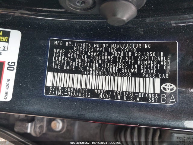 Toyota COROLLA LE 2018 5YFBURHE9JP816388 Image 9